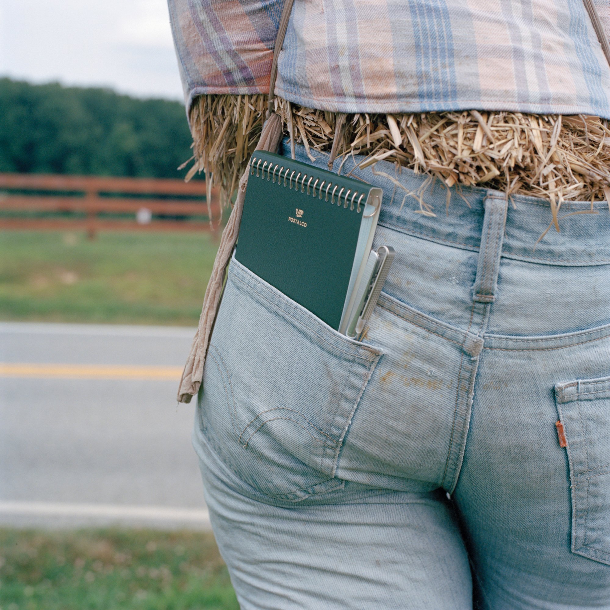A notepad and pen protruding from the back pocket of faded skinny jeans stuffed with hay, dried grass. The figure appears to be standing in front of a road that runs by a grassy field with a wooden fence.