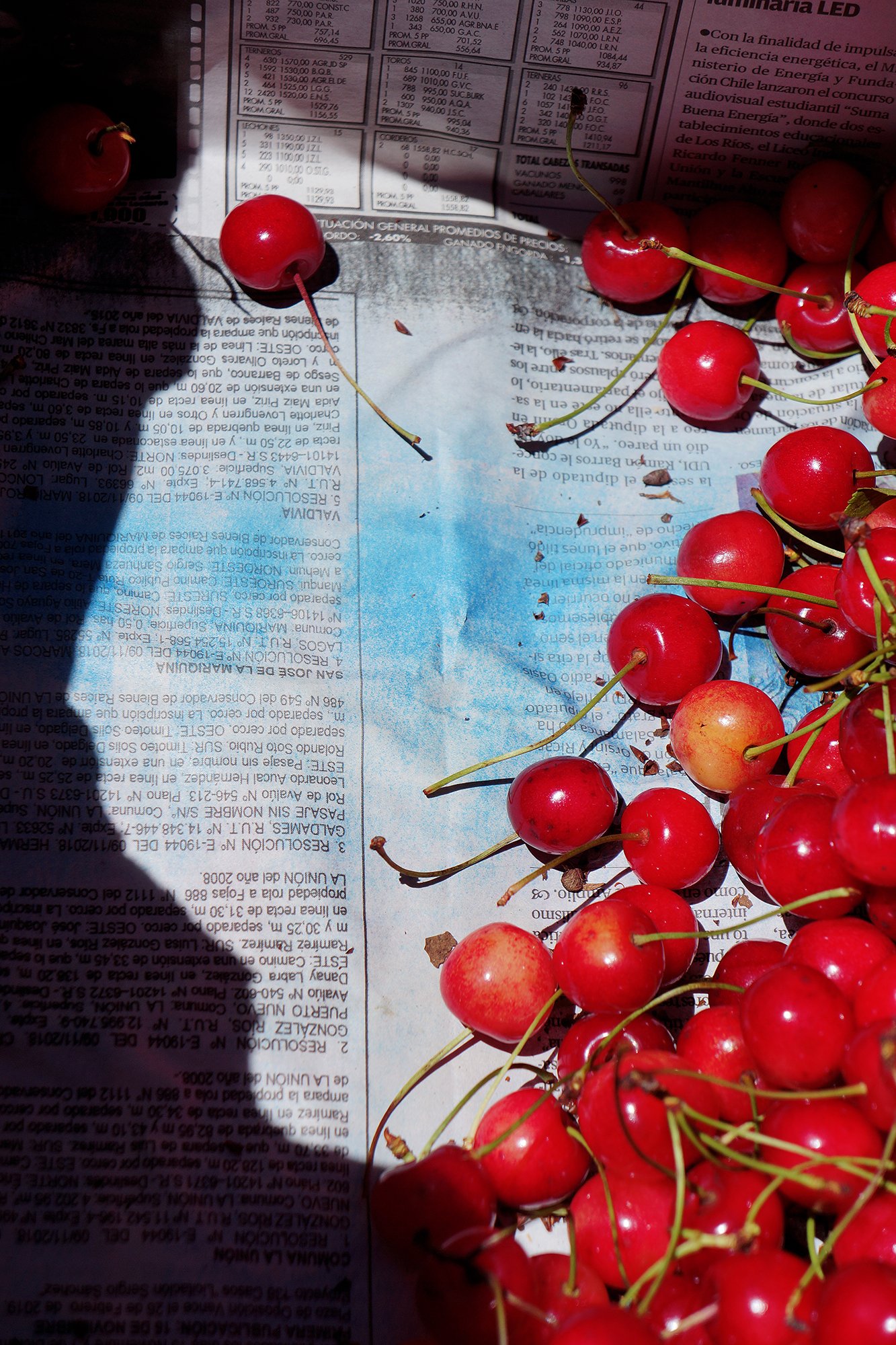 The edge of a pile of cherries on a blue-stained newspaper.